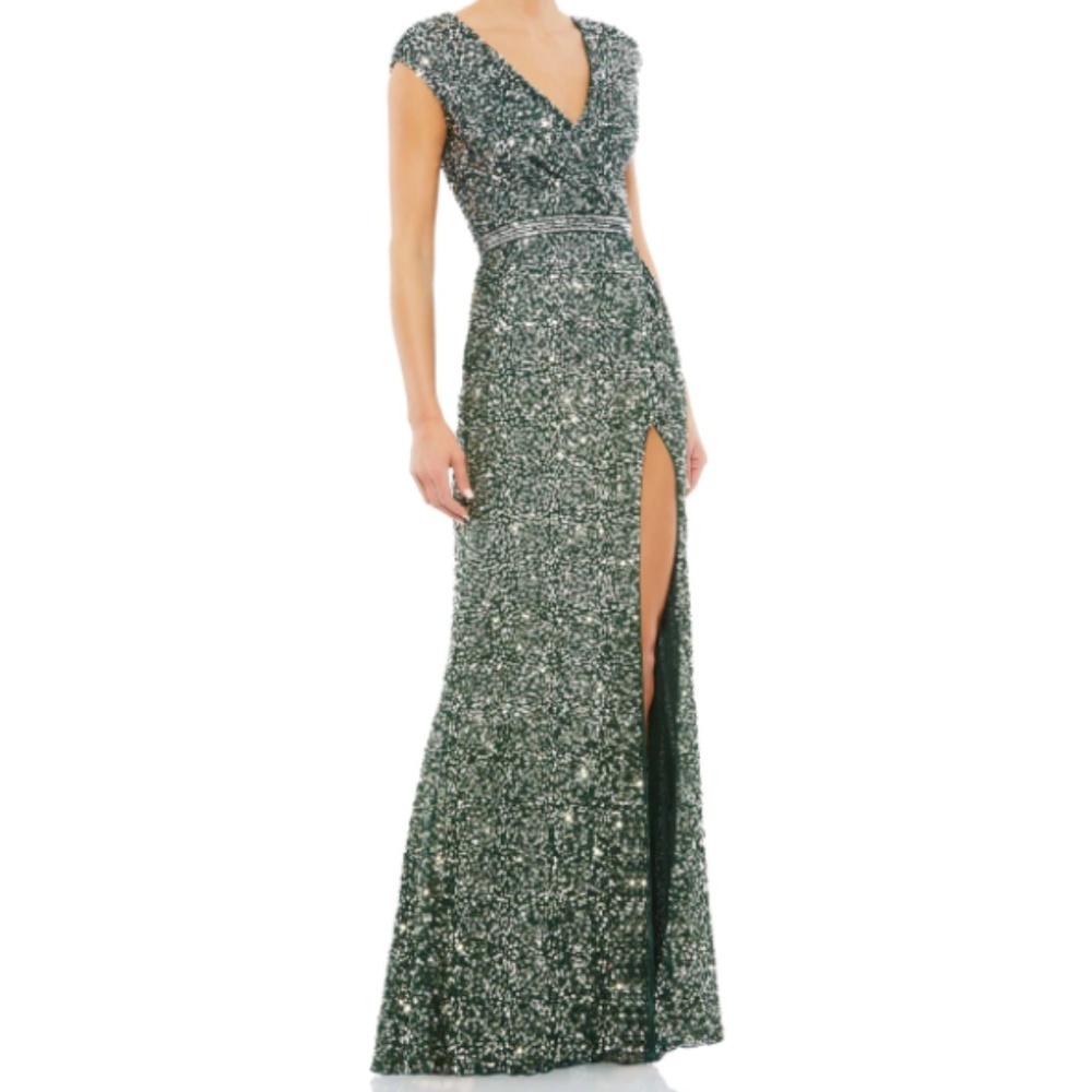 Mac Duggal Emerald Green Sequin V-Neck Evening Gown with Thigh Slit